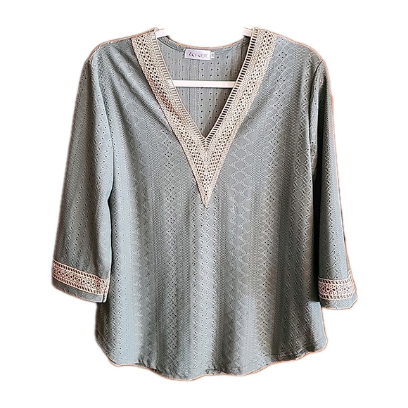 LIOFOER Tops - LIOFOER Women's Sage Eyelet 3/4 Sleeve Shirt V-Neck, Lace Design Trim, M A1